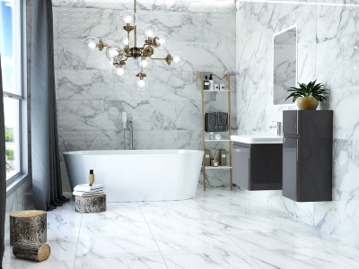 Готовые интерьеры ванной комнаты с плиткой Almera Ceramica и сантехникой Devit